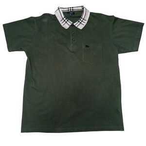 Burberry London Men's Green Polo Shirt Classic Nova Check Collar Preppy Designer
